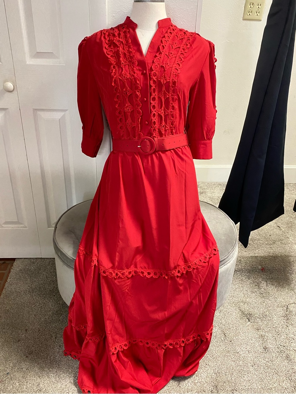 Vintage-Inspired Red Maxi Dress with Decorative Trim and Belt